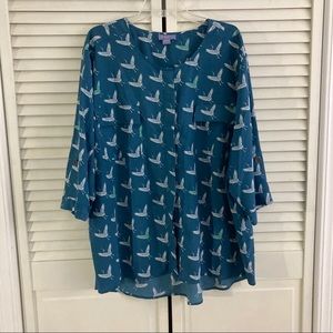 Laura Scott 3x pretty crane bird print blouse Euc